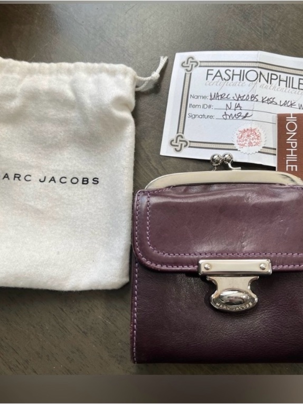 Marc Jacobs Purple Leather Kiss-Lock Wallet with Silver Hardware